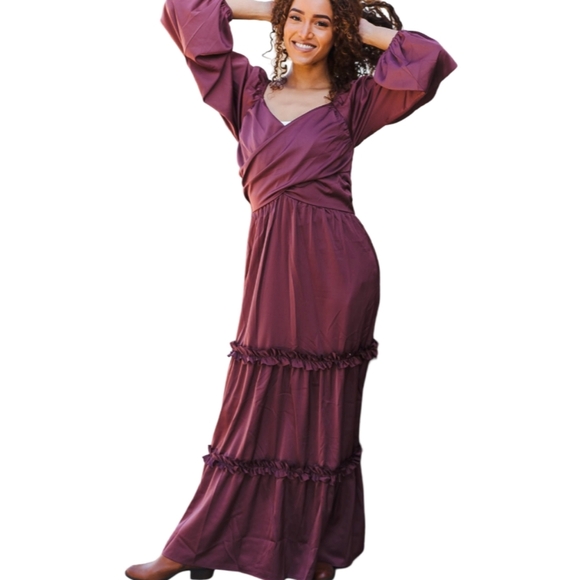 Haptics Wine Satin Front Overlap Smocked Back Maxi Dress - Picture 1 of 4